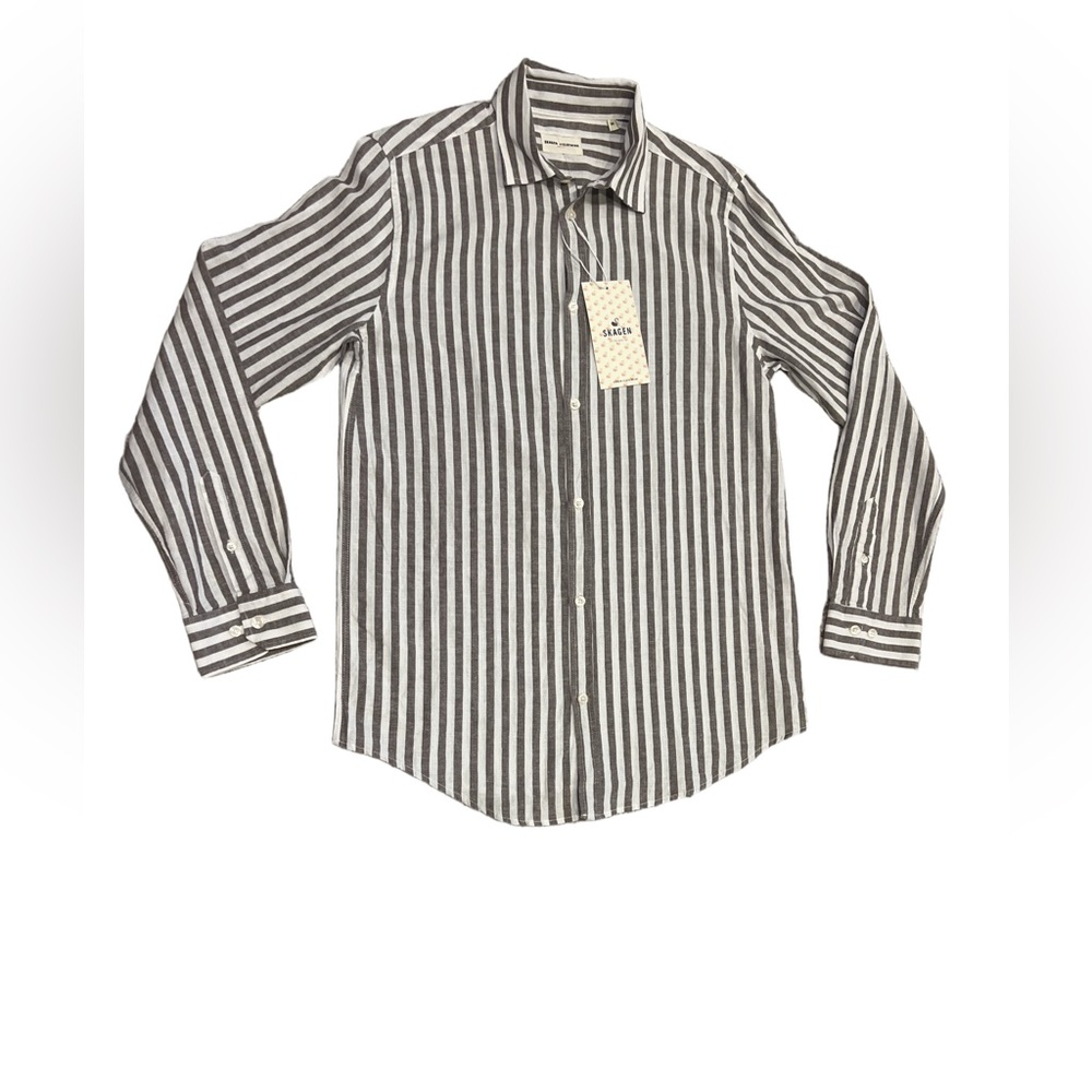 Skagen Men's Casual Striped Button Down Shirt - Brown and White-NWT - Picture 2 of 8